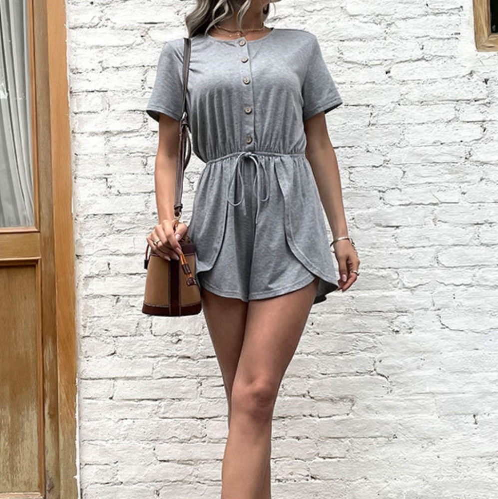 Buttoned Drawstring Round Neck Romper Size: S-XL